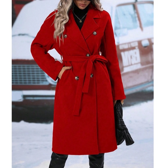 Solid Wide Collar Pockets Belted Minimalist Jacket Coat - Picture 6 of 9